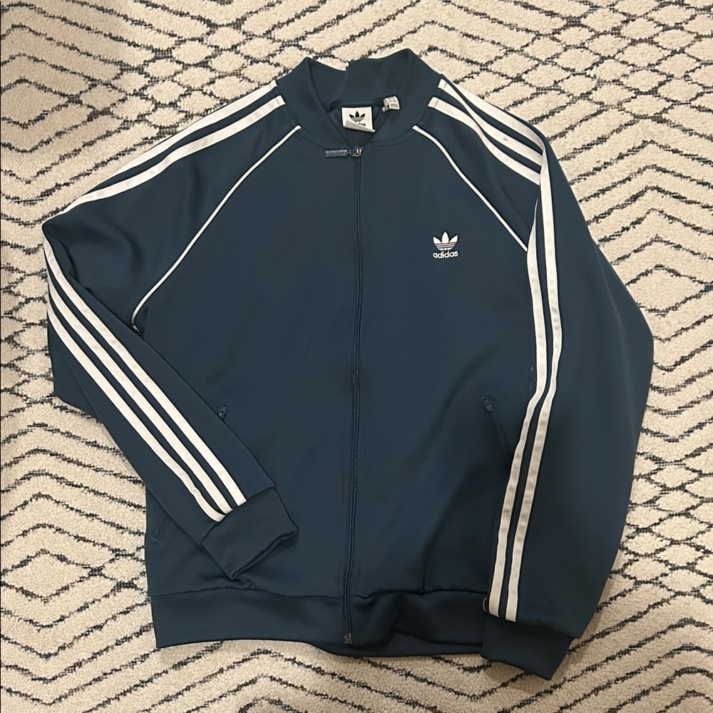 Adidas Dark Blue Track Jacket with White Stripes